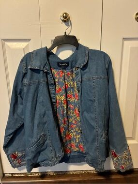 Denim&Co Blue Jean Jacket with Floral Trim